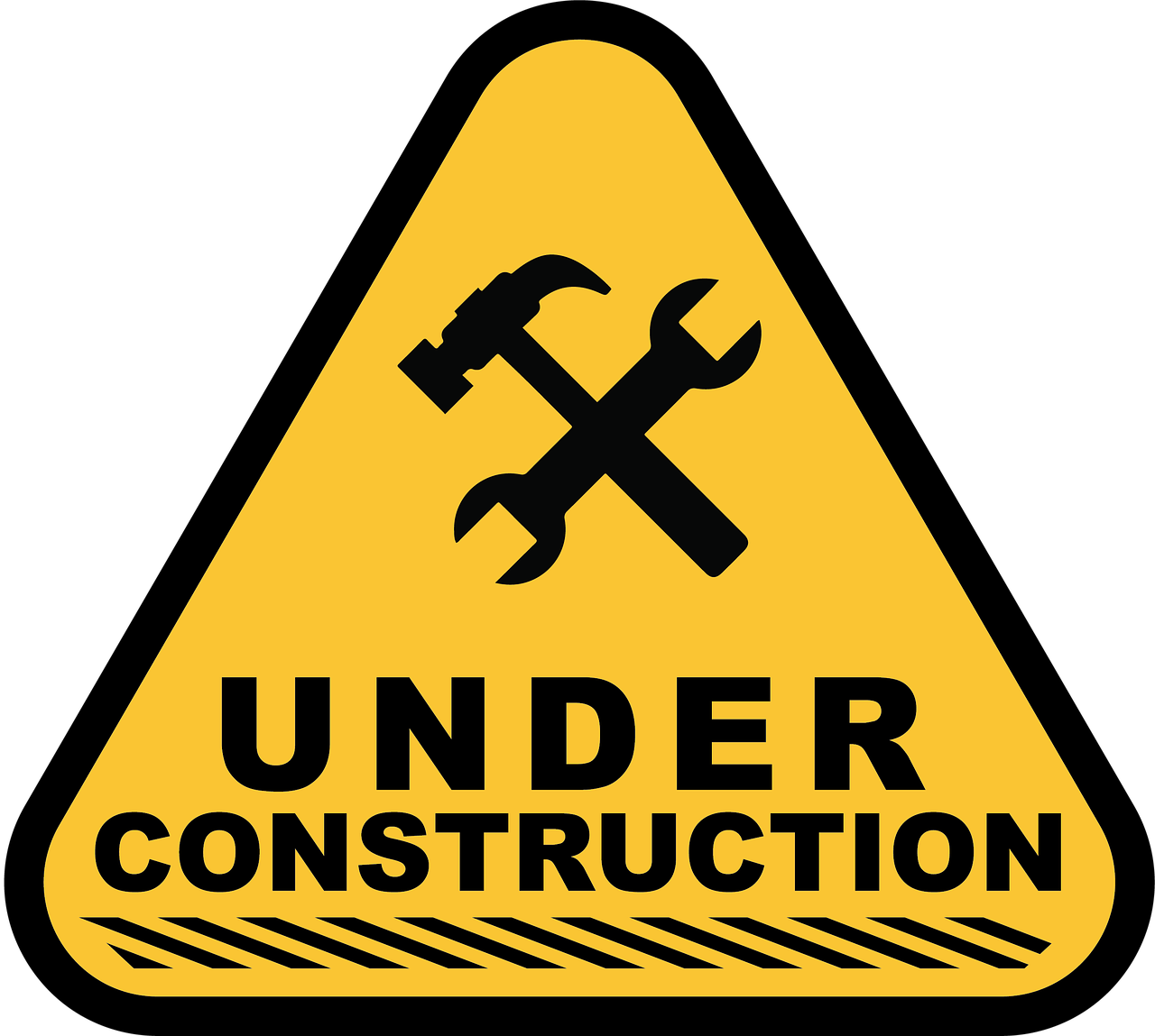 Gelbes Dreieck mit Hammer und Schraubenschlüssel, darunter der Text 'UNDER CONSTRUCTION' und diagonale Streifen.