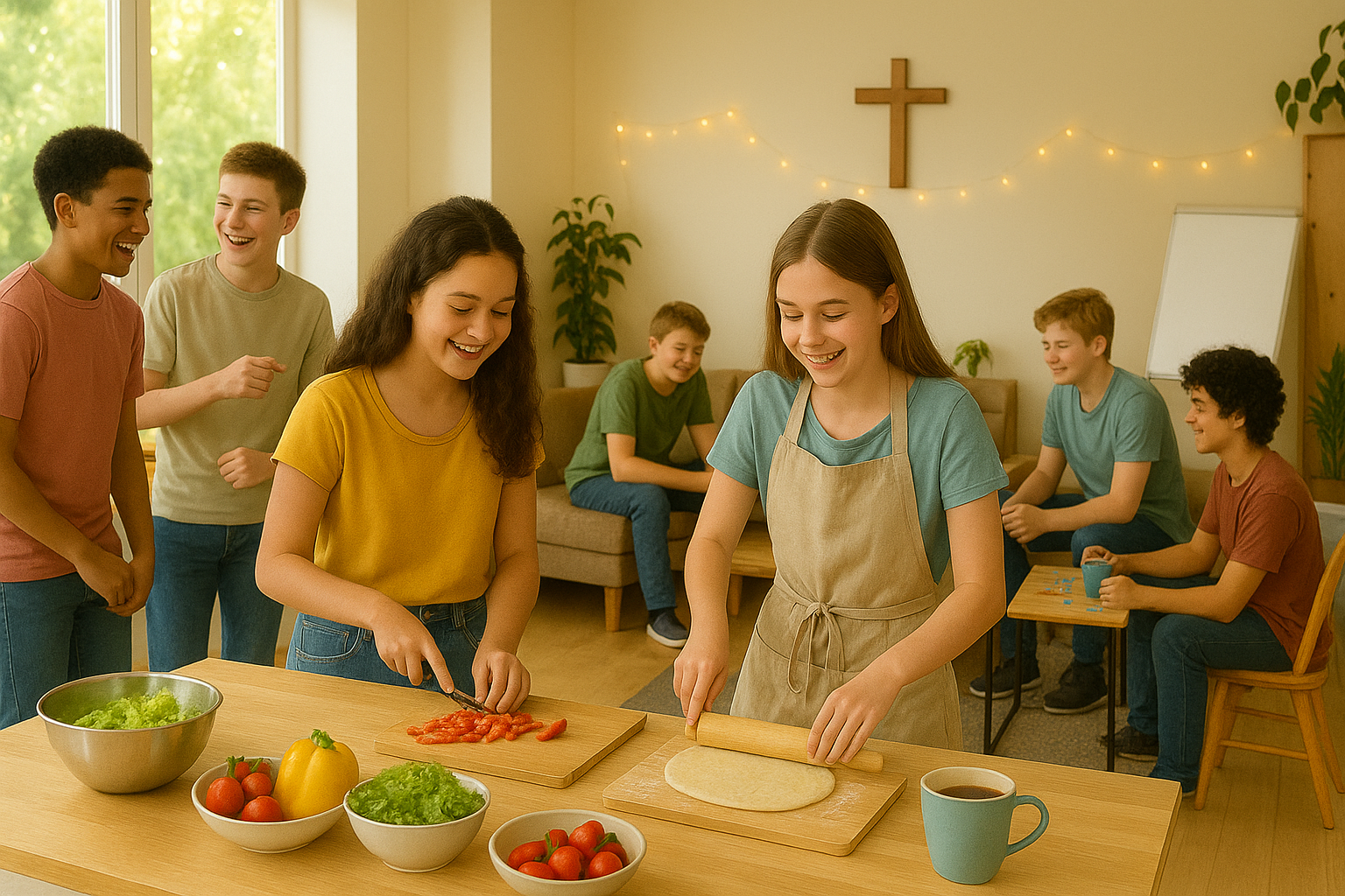 Junge Gemeinde beim gemeinsamen Kochen in einem Raum mit Holzmöbeln, Kreuz an der Wand und Pflanzen, zwei Mädchen schneiden Gemüse und rollen Teig.