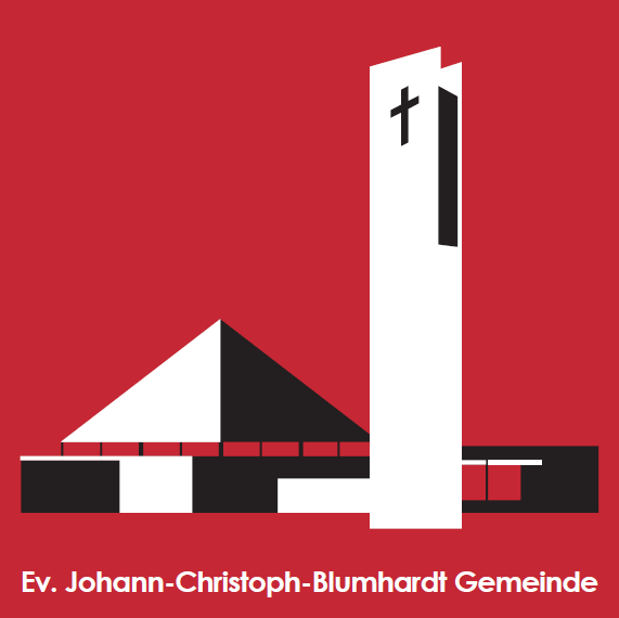 Logo der Evangelischen Johann-Christoph-Blumhardt-Gemeinde mit stilisierter Kirche und Turm mit Kreuz auf rotem Grund.