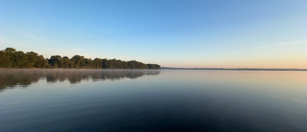 Seenlandschaft, Bäume auf linker Seite und deren Spiegelung im Wasser