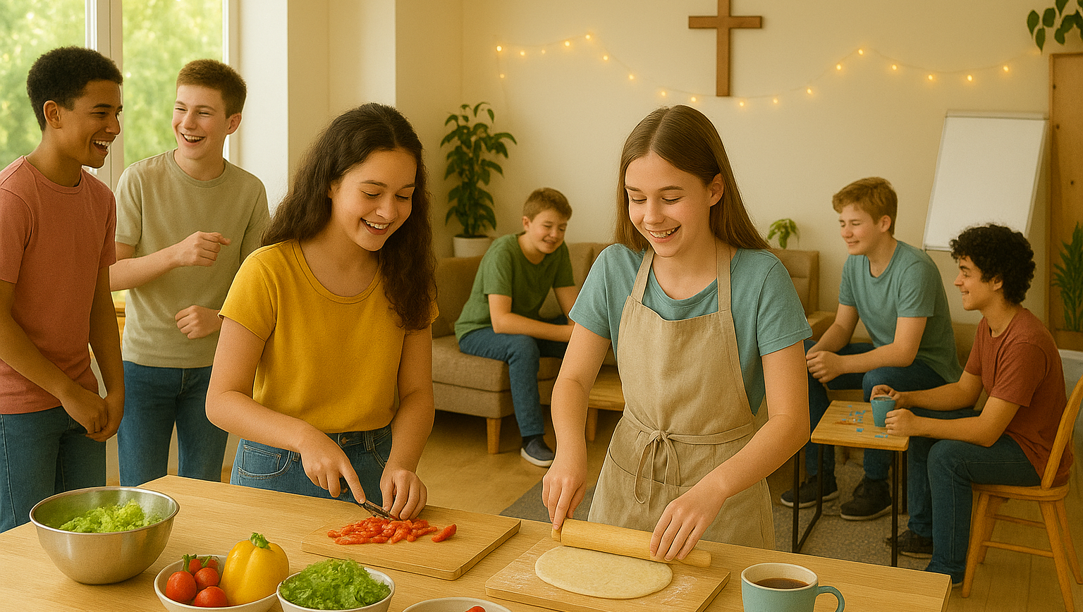 Junge Gemeinde beim gemeinsamen Kochen in einem Raum mit Holzmöbeln, Kreuz an der Wand und Pflanzen, zwei Mädchen schneiden Gemüse und rollen Teig.